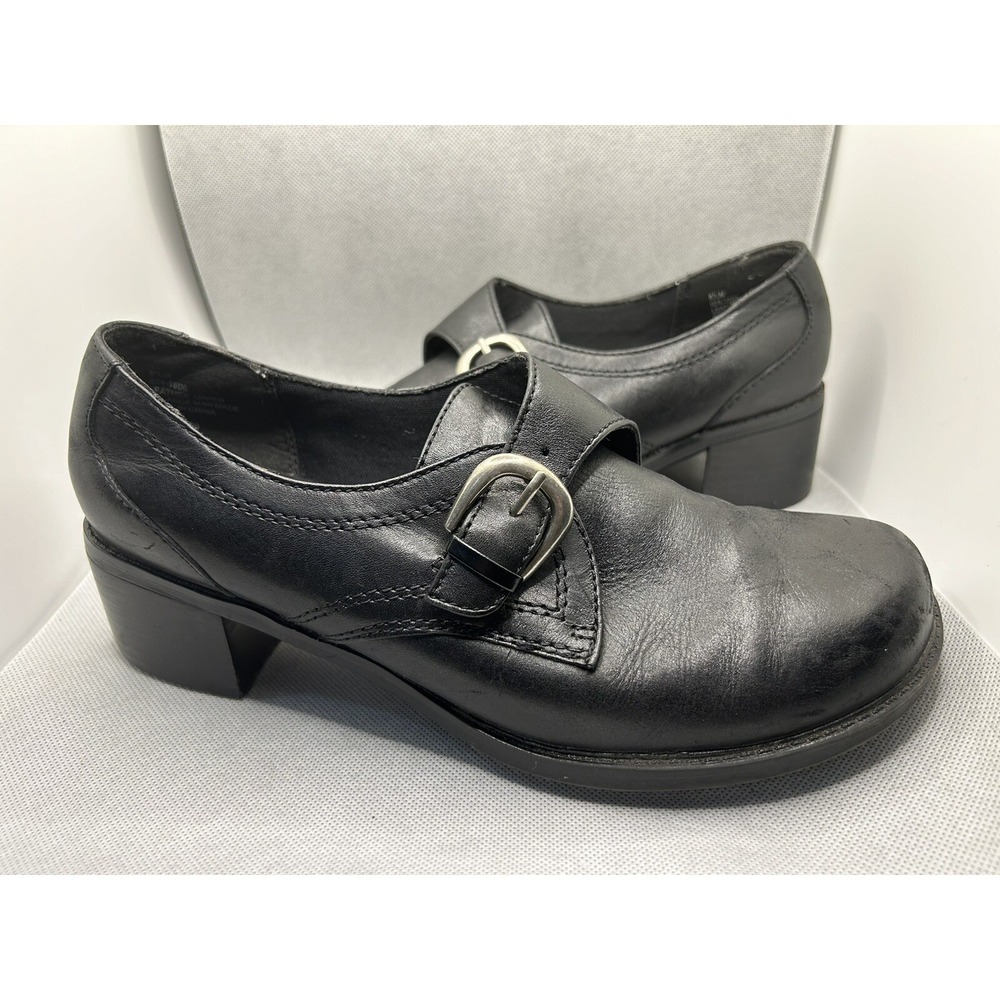 Vintage Black Leather Loafers Womens 8.5 Platform Chucky Heel 90s‎ Y2K Buckle